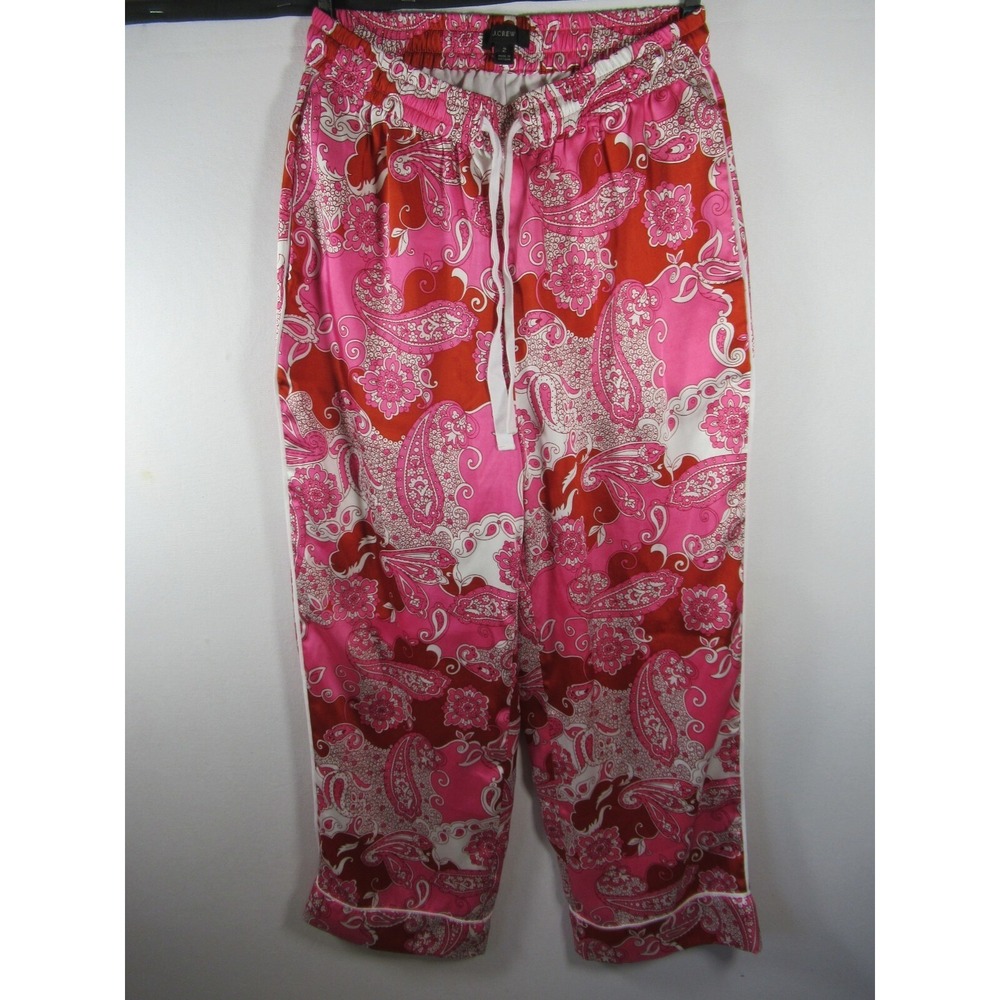 J Crew Satin Wide Leg Pants Size 2 Pink Paisley  Relaxed Pull On Cropped
